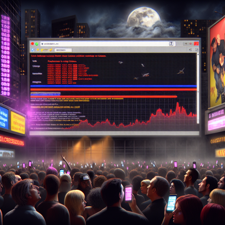 Gráfico de desplome en ventas de entradas en concierto nocturno con multitud y pantallas digitales.