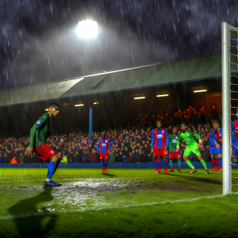 Partido empate Crystal Palace Nottingham Forest bajo la lluvia intensa en estadio nocturno.