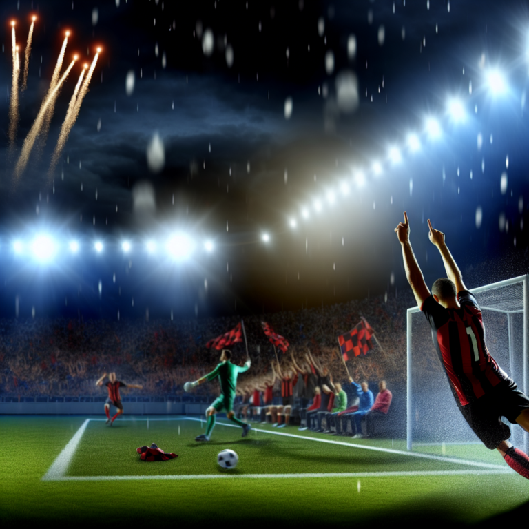 Jugador del Milan celebrando una victoria decisiva sobre el Genoa en un estadio lleno bajo la lluvia.