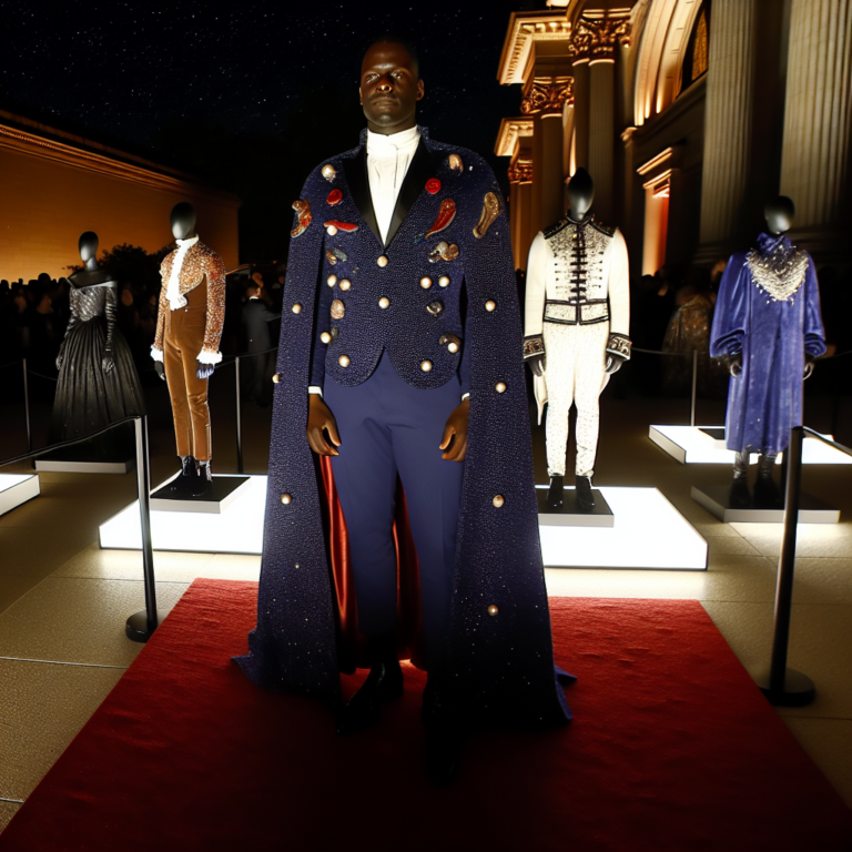 Elegante hombre en traje azul en la Met Gala 2025 entre maniquíes con vestimenta formal