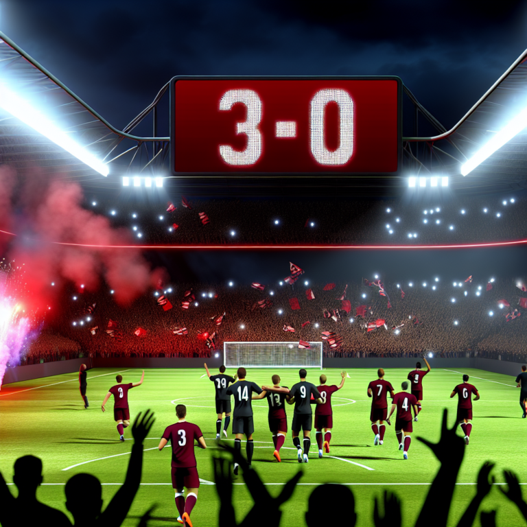 Celebración del equipo rojo en la Copa Sudamericana con un marcador de 3-0 en el estadio nocturno.