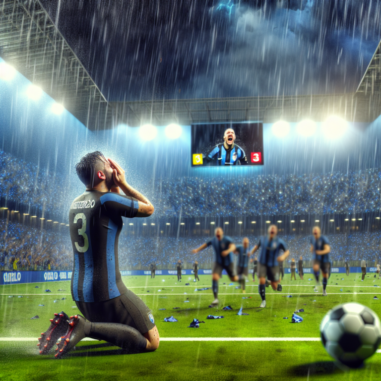 Acerbi celebrando gol decisivo en un estadio lleno bajo la lluvia contra Barcelona