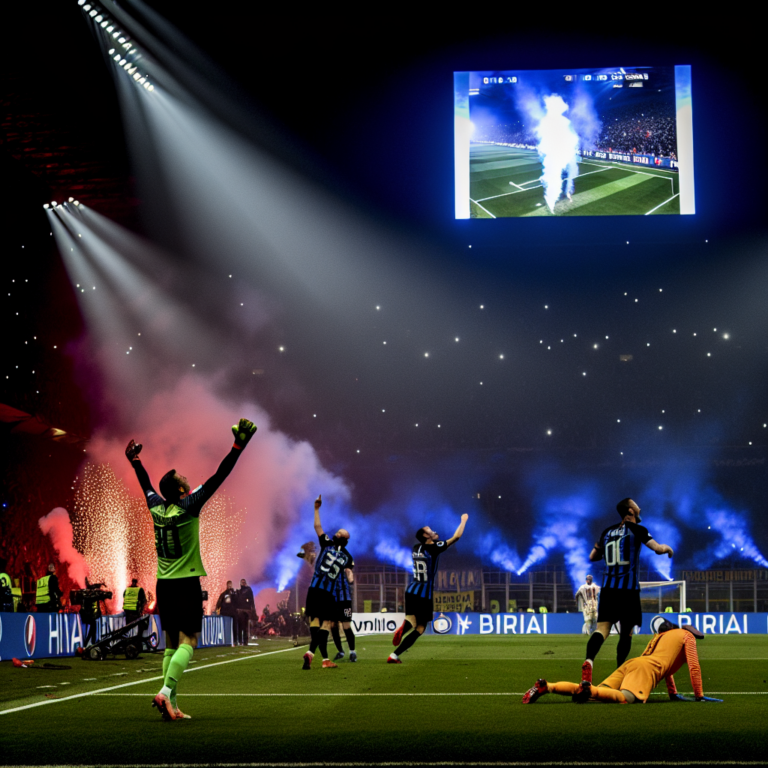 Celebración de gol en la Semifinal de Champions League 2025 con jugadores y bengalas