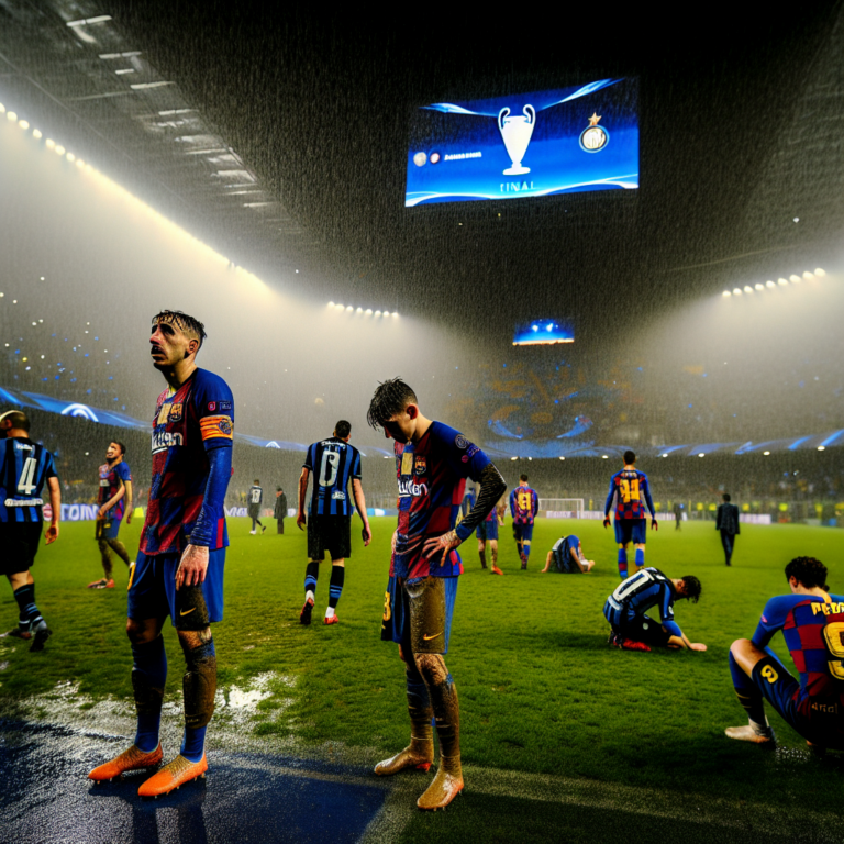 Jugadores del FC Barcelona desanimados tras ser eliminados de la Champions League bajo la lluvia