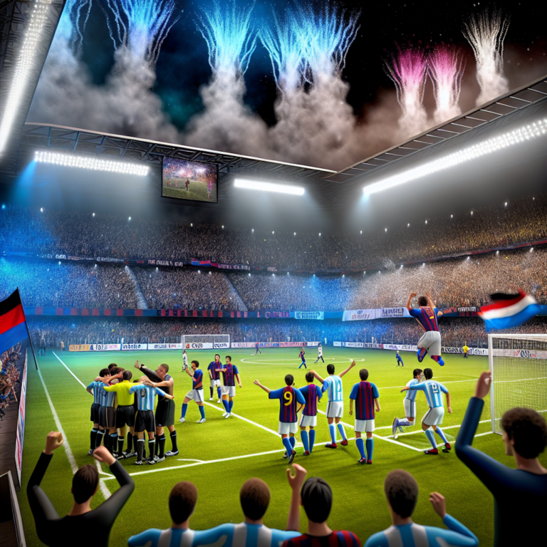 Vibrante enfrentamiento entre Inter y Barcelona en estadio lleno con fuegos artificiales
