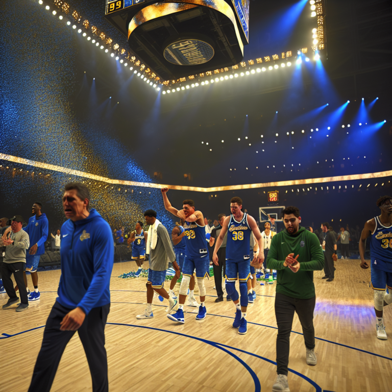 Warriors vencen a Timberwolves sin Curry, jugadores celebrando en la cancha