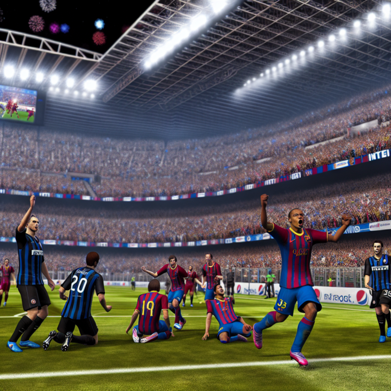 Celebración después de gol en partido entre Barcelona vs Inter en estadio lleno.