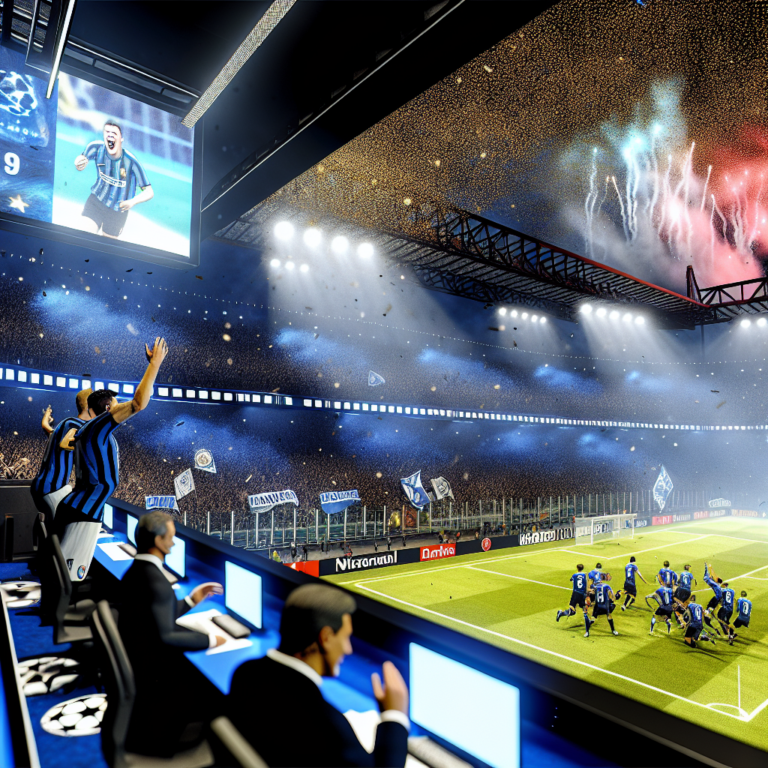 Jugadores del Inter de Milán celebran gol en la final de la Champions League bajo luces estelares y fuegos artificiales
