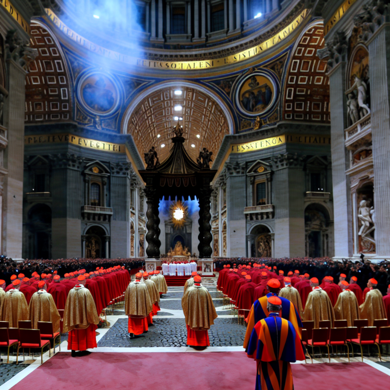 Cónclave de 2025 en la Basílica de San Pedro con cardenales reunidos y rayo de luz celestial
