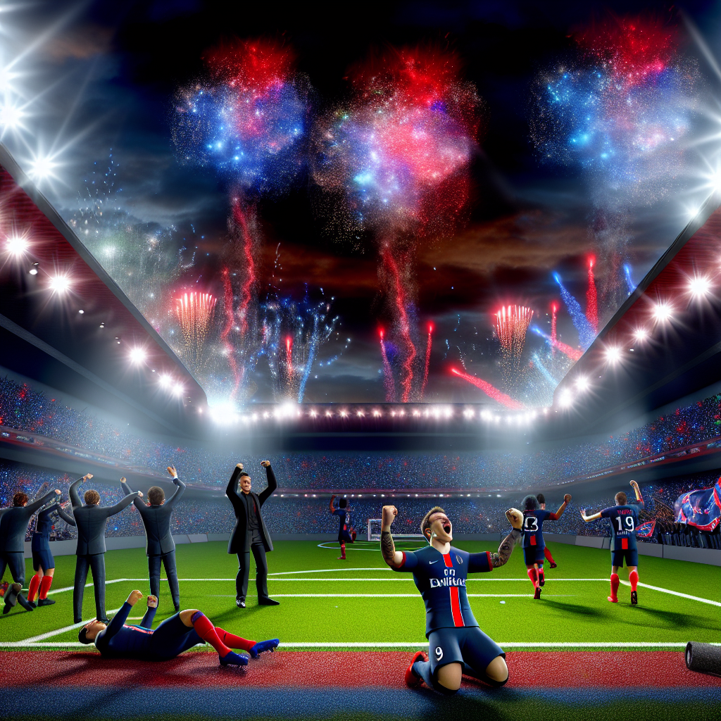 Celebración del PSG Tras Ganar al Arsenal en Noche de Fuegos Artificiales Jugadores del PSG celebran victoria sobre Arsenal en estadio iluminado por fuegos artificiales