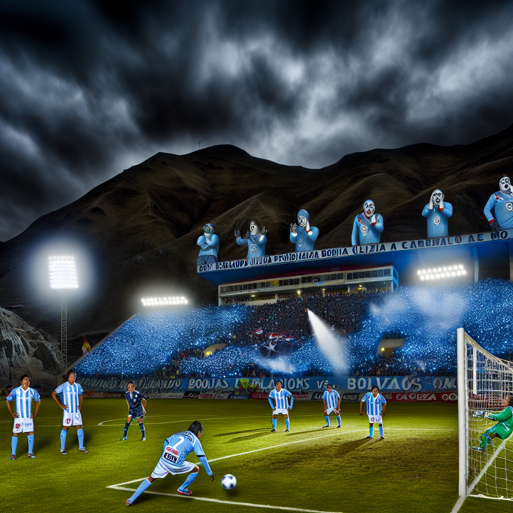Momento Culminante: Bolívar Anota contra Sporting Cristal. Gol decisivo de Bolívar contra Sporting Cristal en Copa Libertadores ante montañas escarpadas.