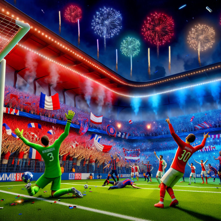 Celebración de gol en el partido de fútbol PSG vs Arsenal con fuegos artificiales