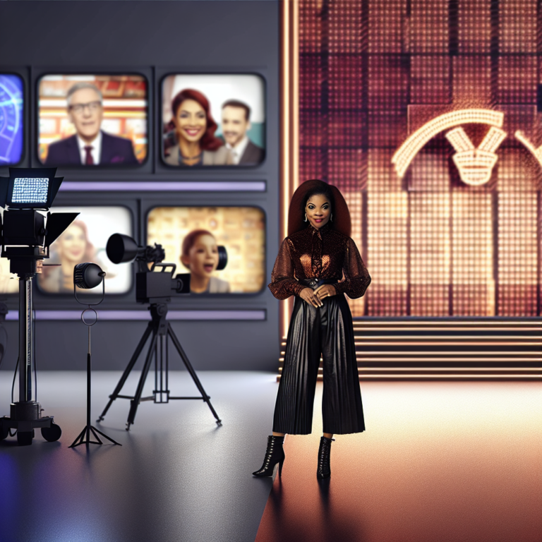 María Paz Arancibia en plató de televisión, luciendo elegante vestimenta frente a cámaras y monitores.