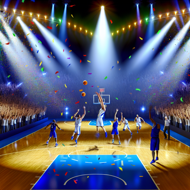 Exciting Thunder-Nuggets basketball game in a crowded arena with vibrant lighting and confetti