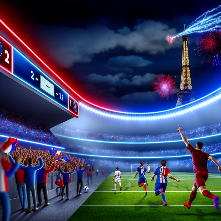 Partido emocionante PSG vs Arsenal en estadio iluminado con vista de la Torre Eiffel