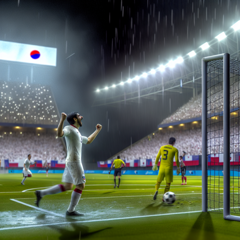Jugador de Once Caldas celebrando un gol contra Unión Española en estadio lleno y bajo lluvia.