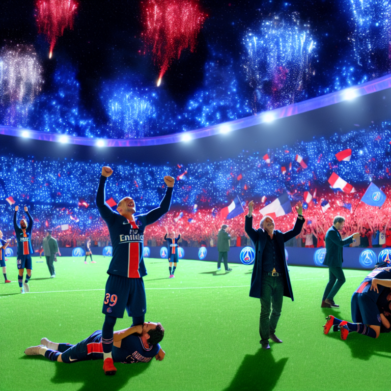 Jugadores del PSG celebrando la victoria sobre el Arsenal bajo fuegos artificiales en el estadio
