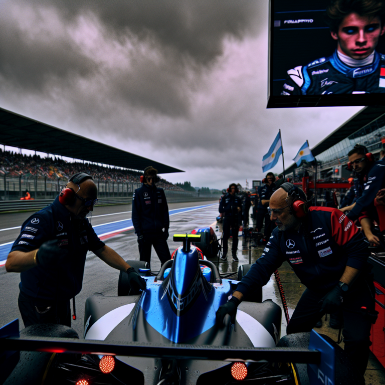 Franco Colapinto, piloto principal de Alpine, se prepara en el pit lane bajo un cielo nublado