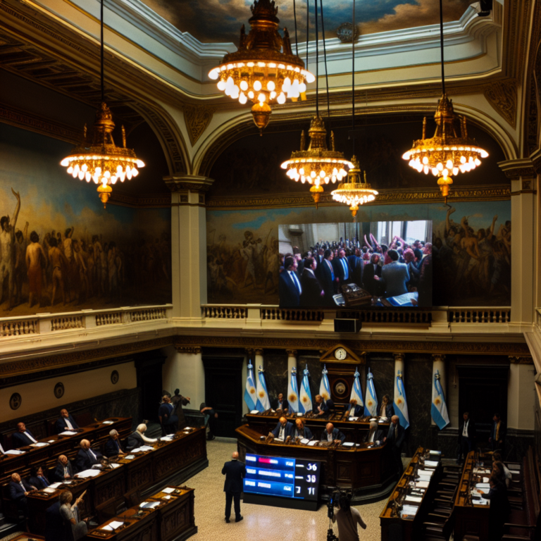 Debate en el Senado sobre la ley de ficha limpia rechazada, con senadores y pantalla mostrando votación
