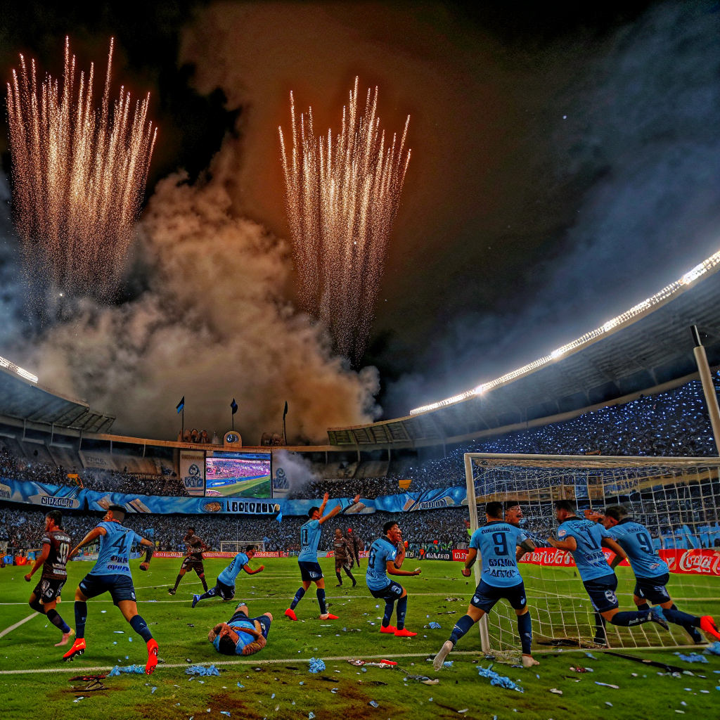 Celebración épica de Sporting Cristal en la Copa Libertadores Jugadores de Sporting Cristal celebrando un gol en la Copa Libertadores con fuegos artificiales de fondo