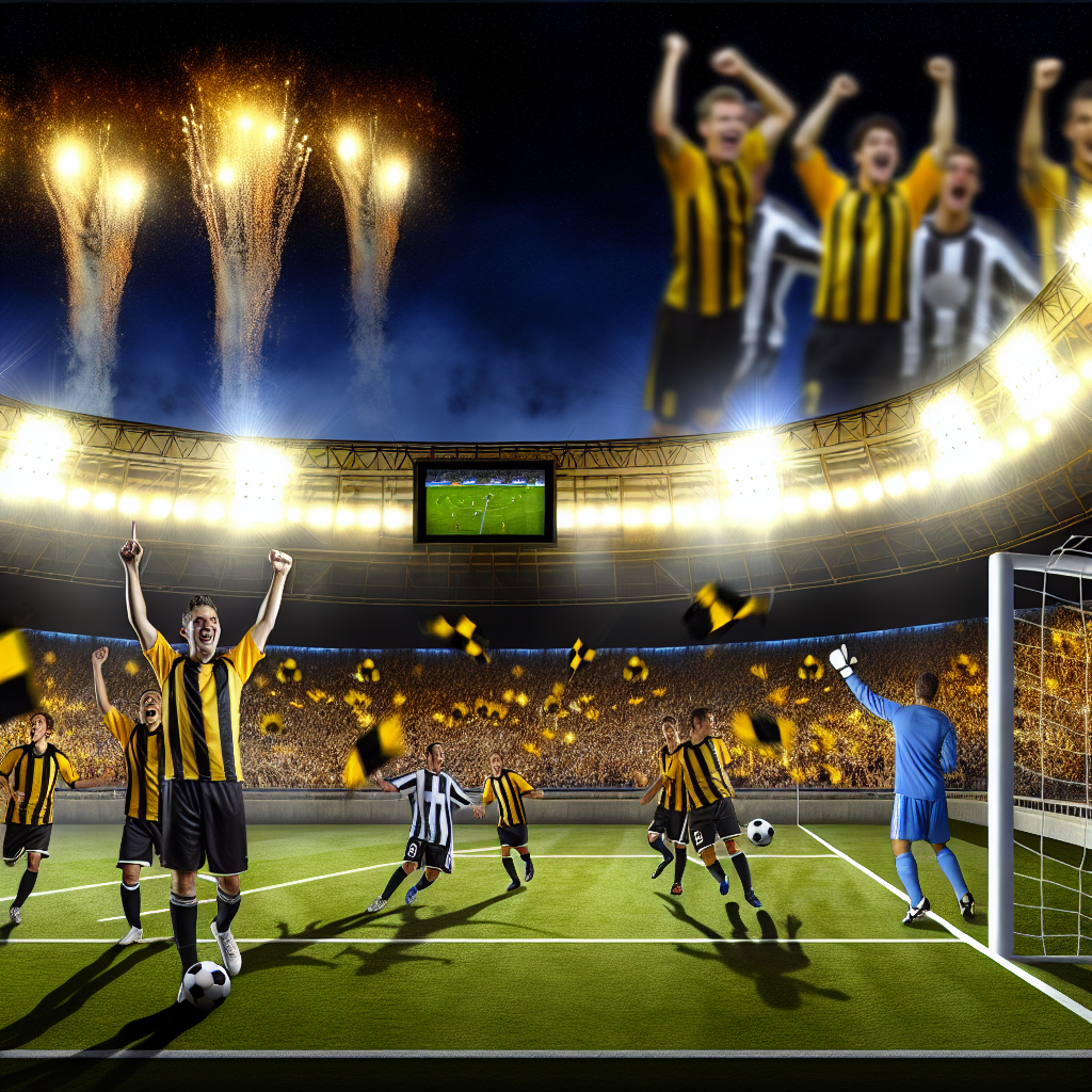 Celebración de Al-Ittihad tras gol victorioso contra Al-Nassr Momento decisivo donde Al-Ittihad anota gol venciendo a Al-Nassr en un estadio lleno