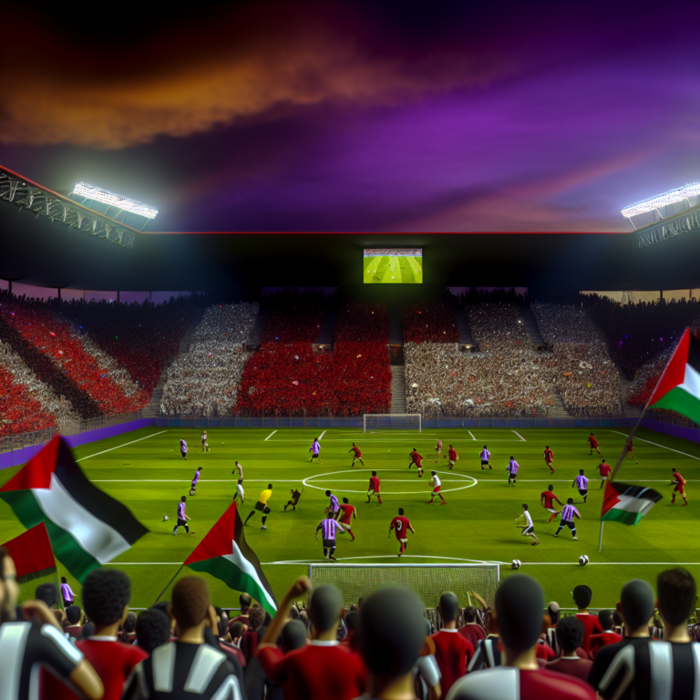 Partido emocionante entre Unión Española y Palestino bajo un cielo morado al atardecer.