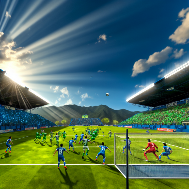 Partido emocionante entre Cobán Imperial y Antigua GFC en estadio vibrante con sol brillante