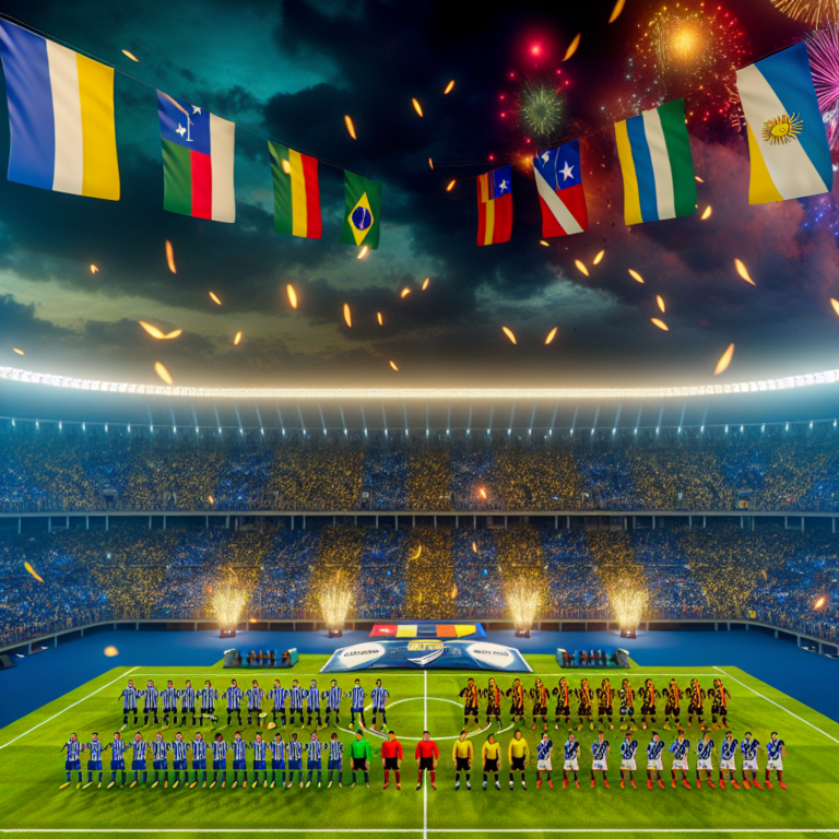 Equipos alineados en la cancha para la Copa Libertadores 2025 bajo luces y fuegos artificiales