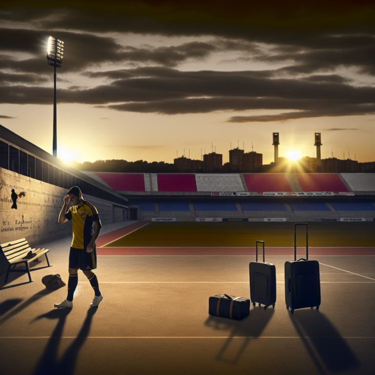 Futuro incierto de James Rodríguez en un estadio vacío al atardecer.
