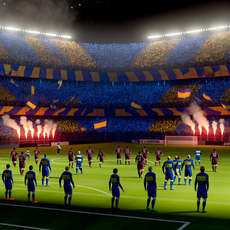 Partido de fútbol nocturno entre Boca Juniors y Lanús en estadio lleno
