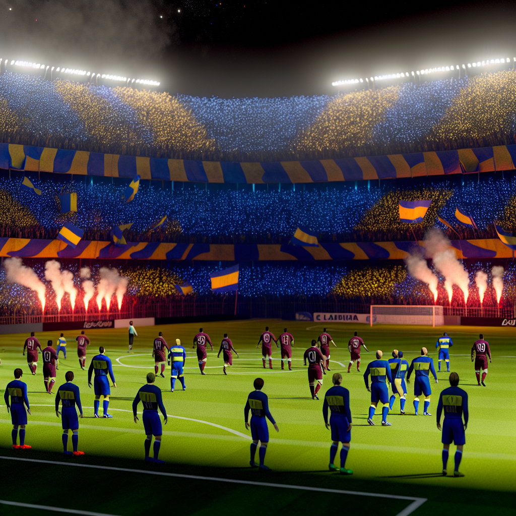 Noche emocionante en el Boca Juniors vs Lanús en estadio vibrante Partido de fútbol nocturno entre Boca Juniors y Lanús en estadio lleno