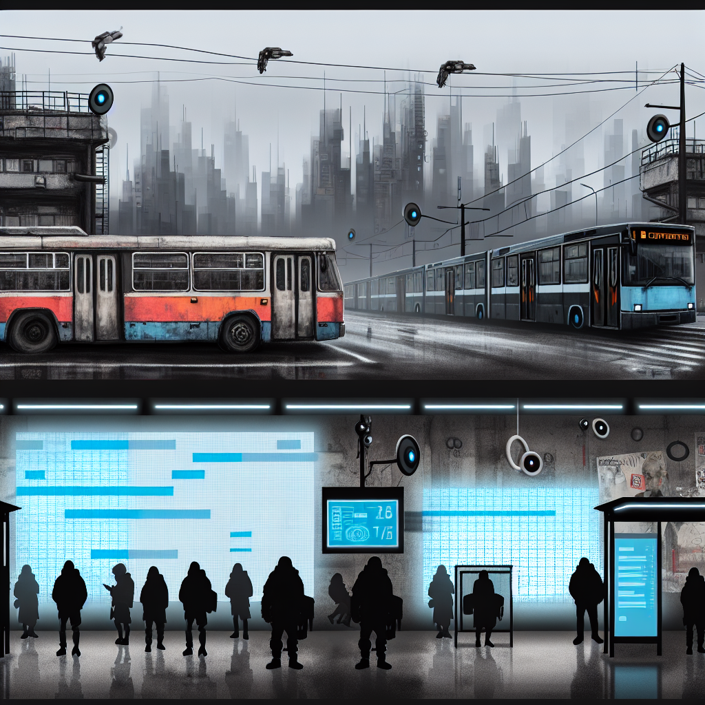 La realidad de la crisis del transporte público en imagen urbana Autobuses deteriorados en una apacible ciudad, reflejo de la crisis del transporte público.