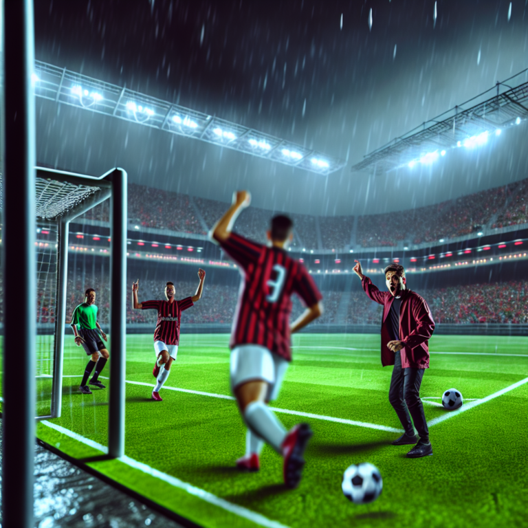 Jugadores del partido Milan vs Bologna celebrando un gol bajo la lluvia en un estadio iluminado