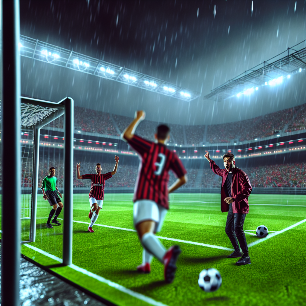 Celebración apasionada en el Milan vs Bologna bajo la lluvia nocturna Jugadores del partido Milan vs Bologna celebrando un gol bajo la lluvia en un estadio iluminado