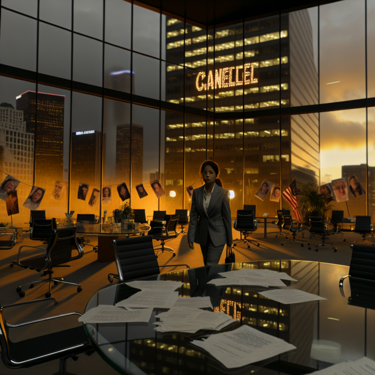 Mujer de pie en oficina al atardecer con letrero de cancelación de Suits LA