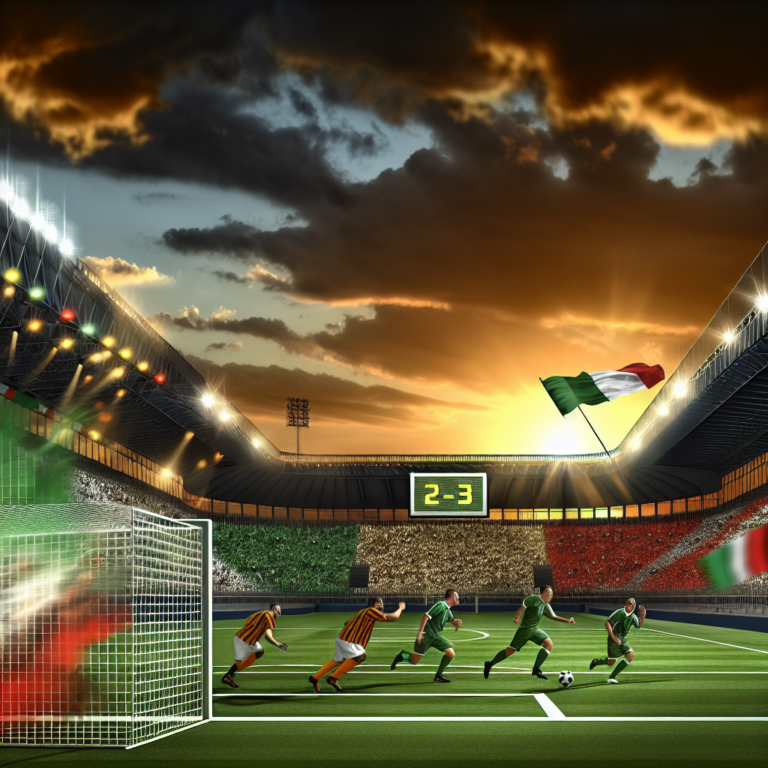 Partido de fútbol con Audax Italiano venciendo a Palestino, resultado final 2-3, estadio lleno al atardecer.