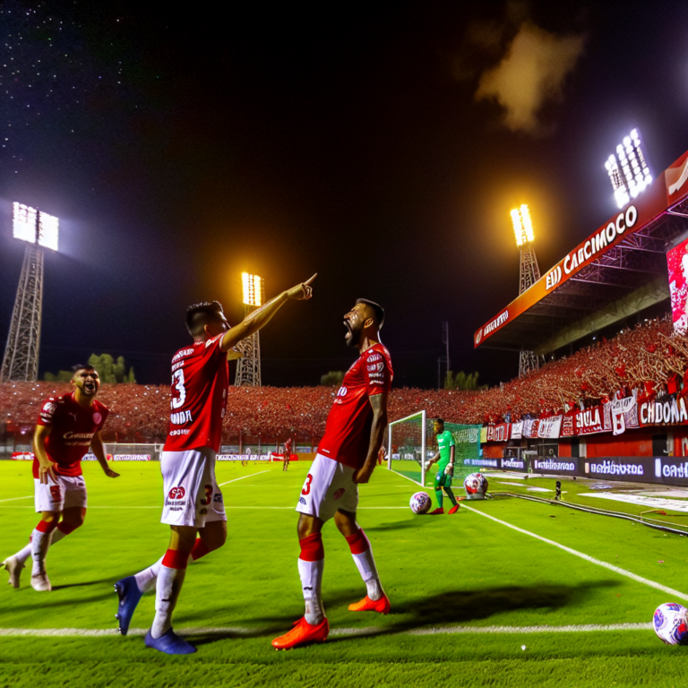 Jugadores del Santa Fe celebrando un gol ante Junior en un estadio lleno de noche