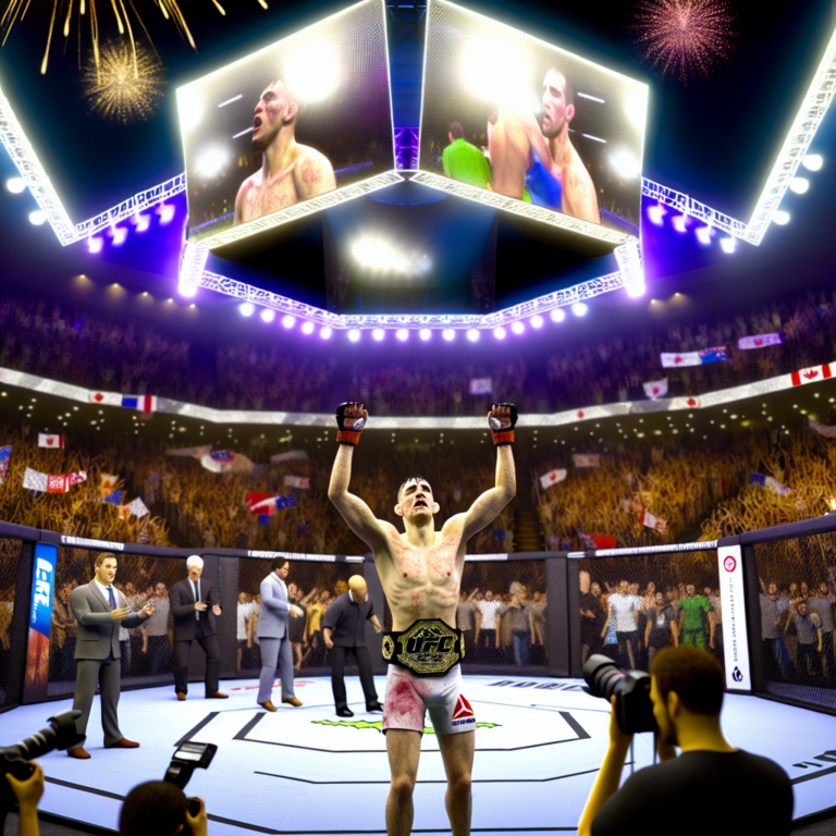 Jack Della Maddalena celebrating his welterweight championship victory in the ring with crowds cheering
