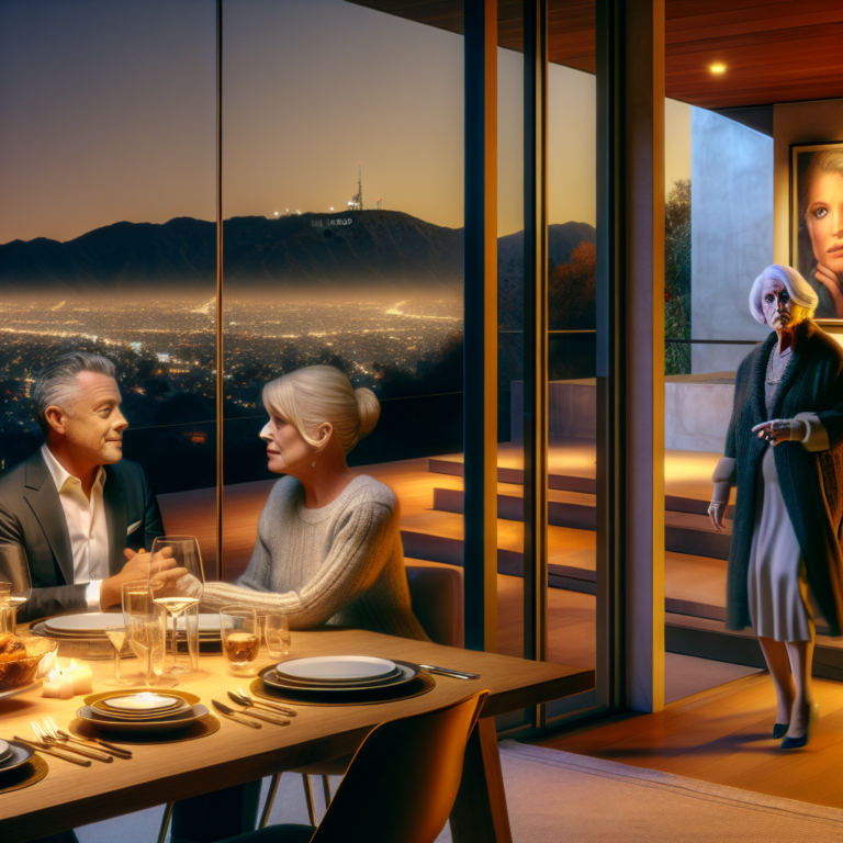 Walton Goggins en escena de The Uninvited con pareja cenando frente a vista de noche de Los Ángeles