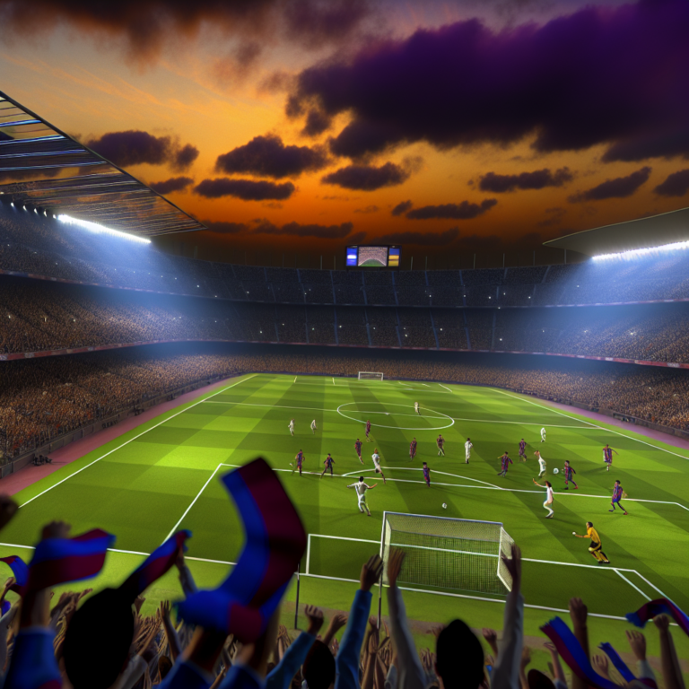 Emocionante Clásico Barcelona vs Real Madrid en estadio lleno al atardecer.
