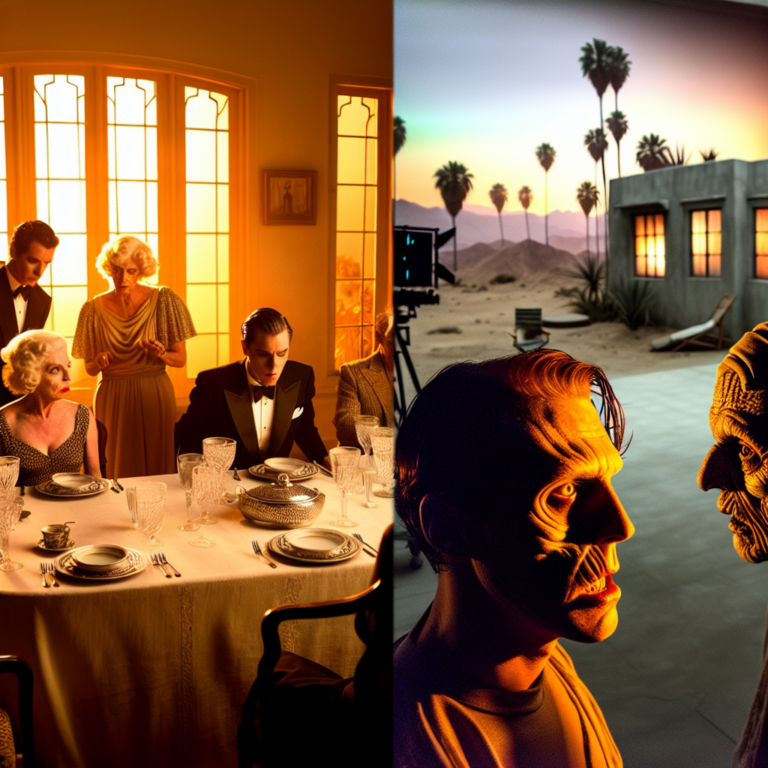 Escena dividida con cena elegante y hombre frente a diseño de sol en 'The Uninvited' con Walton Goggins
