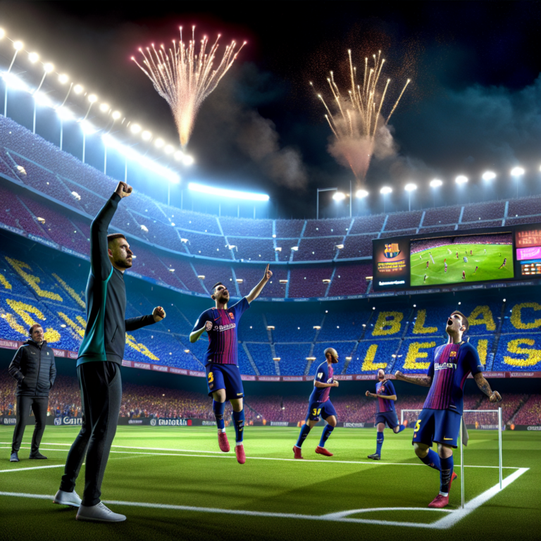 Celebración emocionante de un gol del Barcelona en el clásico contra Real Madrid en estadio iluminado