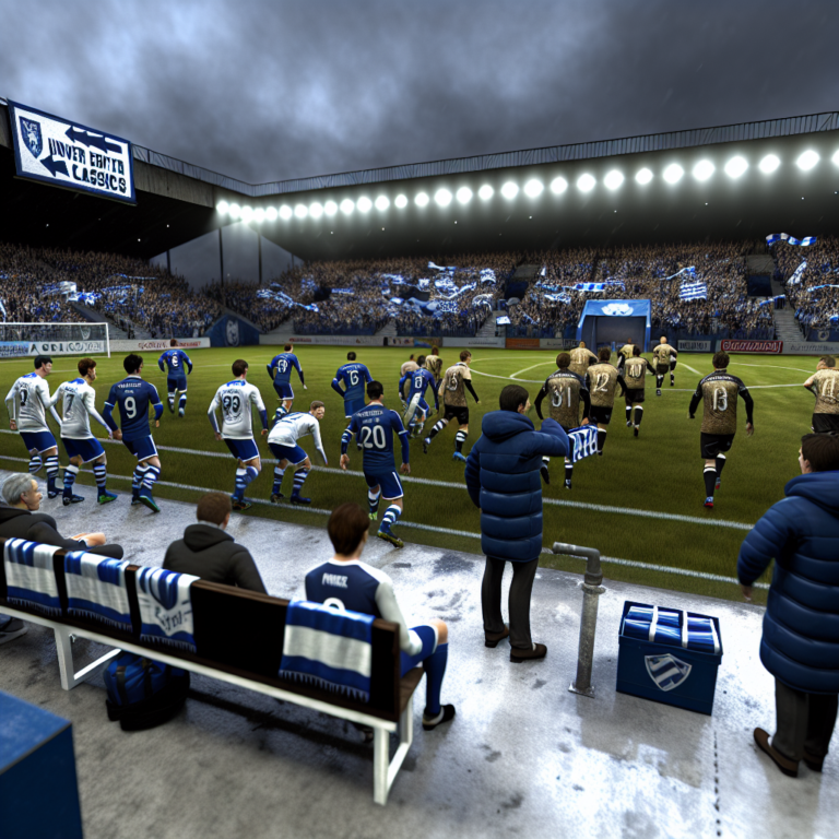 Jugadores de Universidad Católica y Everton corriendo en el campo en un partido nocturno.