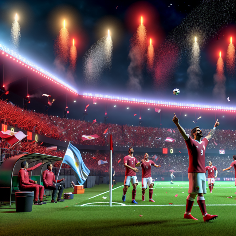 Celebración del triunfo de Argentinos Juniors en estadio iluminado con fuegos artificiales.