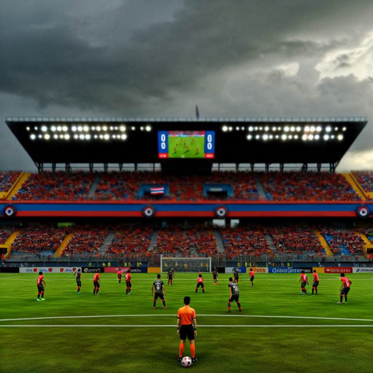 Vista frontal de un partido en un estadio de fútbol entre Puntarenas y LDA, marcador empatado a cero
