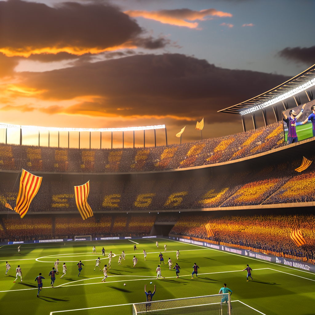Visión del Clásico Barcelona vs Real Madrid en un estadio icónico Emocionante partido Clásico Barcelona vs Real Madrid al atardecer en un estadio lleno