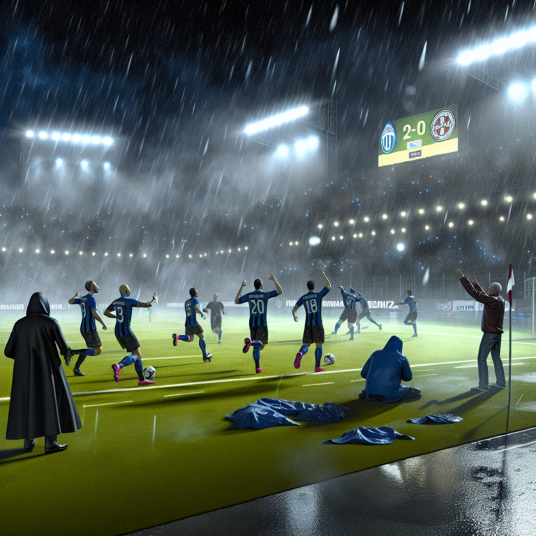 Jugadores del Inter celebrando una victoria bajo la lluvia en un partido nocturno