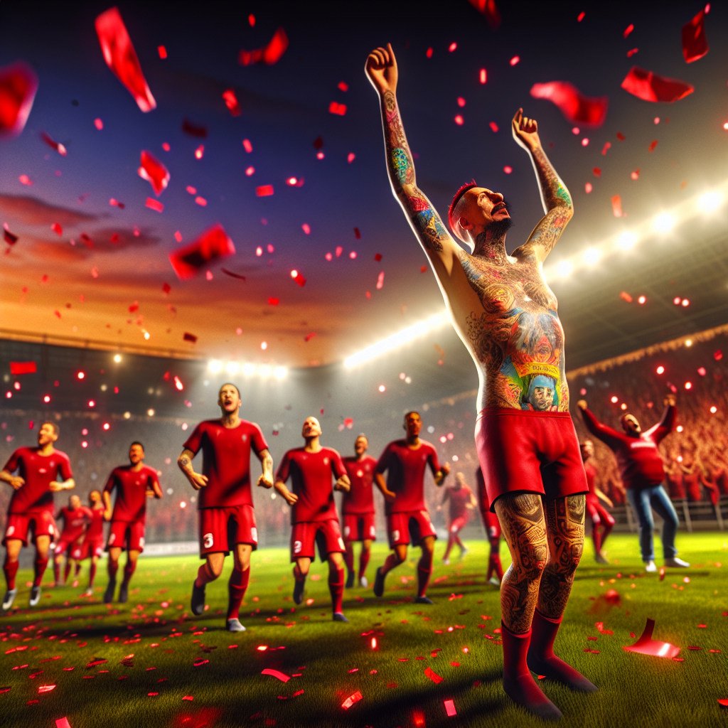 Emocionante Victoria del Municipal Sobre Marquense en Juego Nocturno Jugador tatuado celebra victoria del Municipal ante Marquense bajo lluvia de confeti rojo en estadio