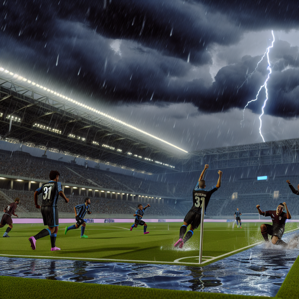Triunfo del Inter Milan sobre Torino en Noche de Tormenta Jugador del Inter Milan celebra un gol contra Torino bajo la lluvia en estadio iluminado con relámpagos.