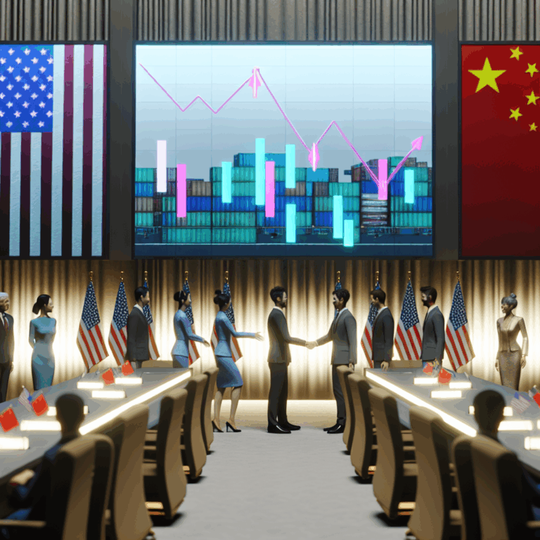 Diplomáticos de EE.UU. y China estrechando manos en una conferencia sobre reducción de aranceles.